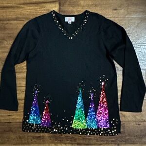 Quaker Factory • Size 8 • Black W/Multi-Colors Sequins •Christmas Trees •Sweater